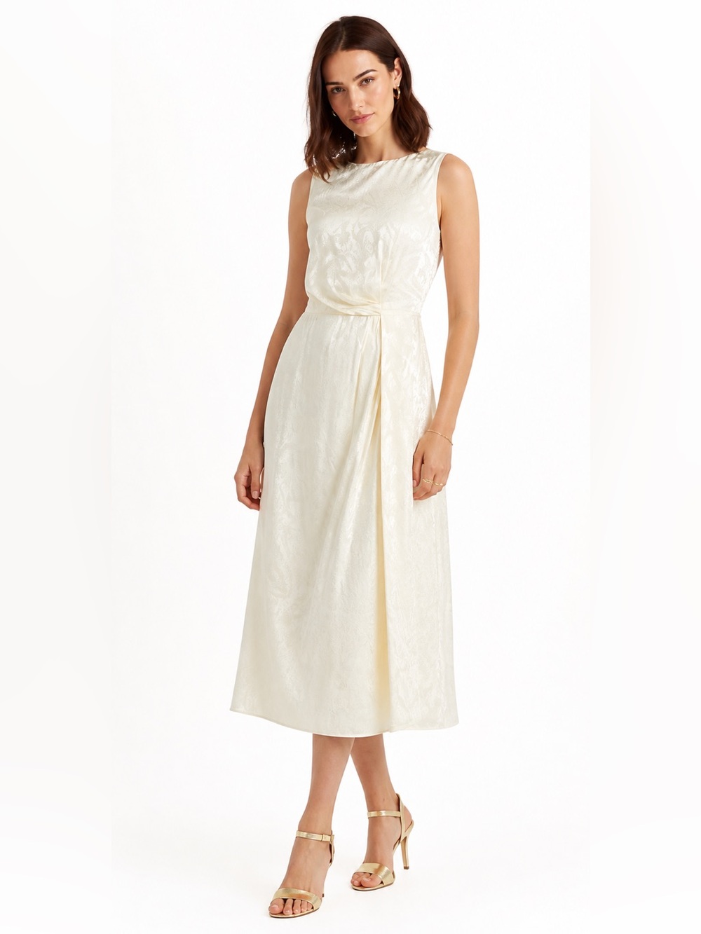 Ralph Lauren Paisley Jacquard Satin Midi Dress Cream Ruched Size 10 NWT
